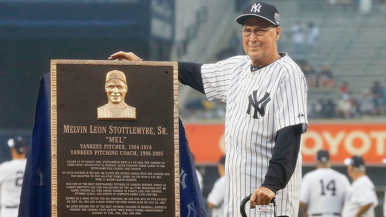 NEW YORK, NY - JUNE 20: Former New York Yankee player and coach Mel Stottlemyre poses with his plaque that will be placed in Monument Park at Yankee Stadium prior to a game against the Detroit Tigers on June 20, 2015 in the Bronx borough of New York City.