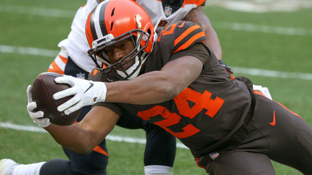 CLEVELAND, OH - DECEMBER 23: Cleveland Browns running back Nick Chubb (24) reaches for the pylon during the second quarter of the National Football League game between the Cincinnati Bengals and Cleveland Browns on December 23, 2018, at FirstEnergy Stadium in Cleveland, OH. Chubb was ruled down short of the goal line.