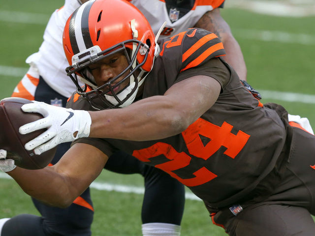 CLEVELAND, OH - DECEMBER 23: Cleveland Browns running back Nick Chubb (24) reaches for the pylon during the second quarter of the National Football League game between the Cincinnati Bengals and Cleveland Browns on December 23, 2018, at FirstEnergy Stadium in Cleveland, OH. Chubb was ruled down short of the goal line.