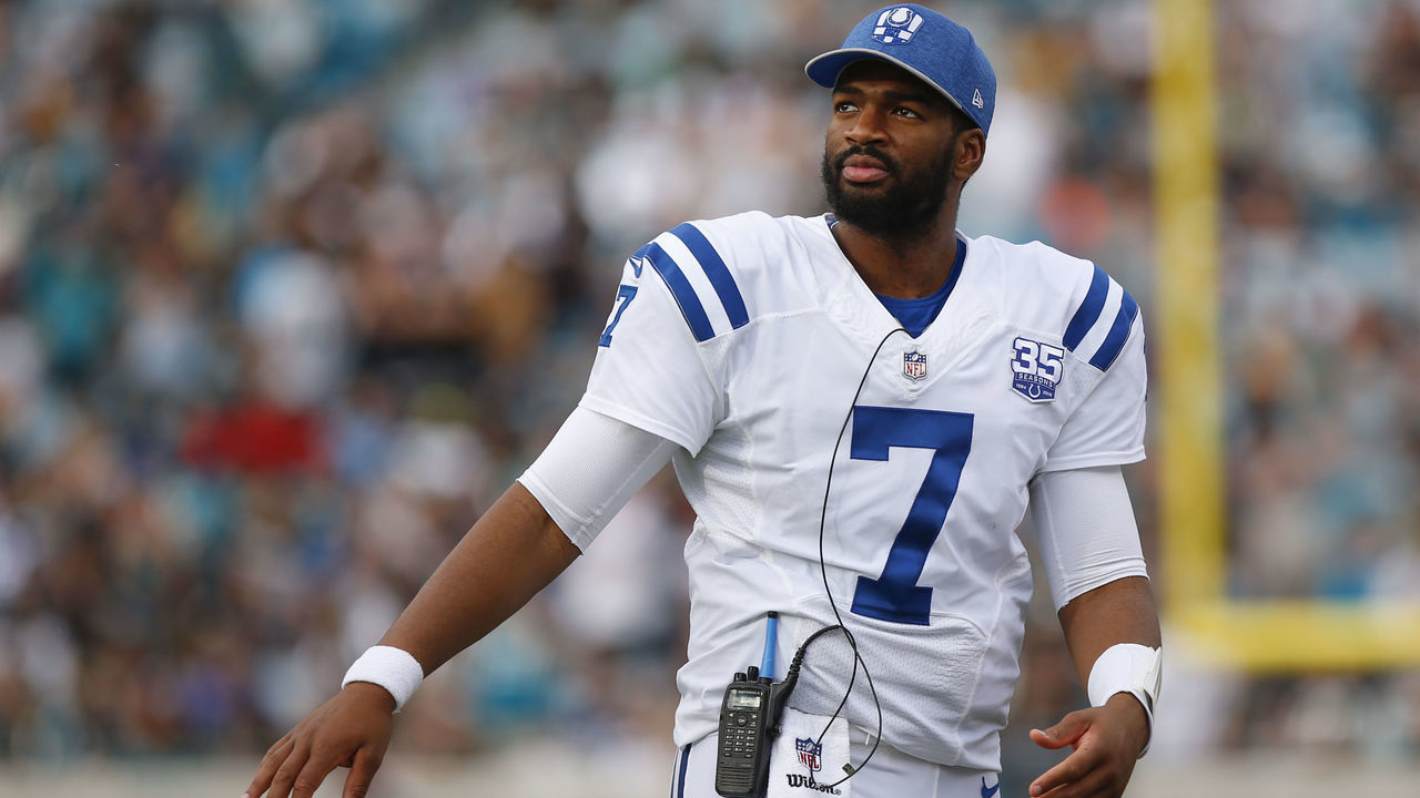 JACKSONVILLE, FL - DECEMBER 02: Indianapolis Colts Quarterback Jacoby Brissett (7) looks on during the game between the Indianapolis Colts and the Jacksonville Jaguars on December 2, 2018 at TIAA Bank Field in Jacksonville, Fl.
