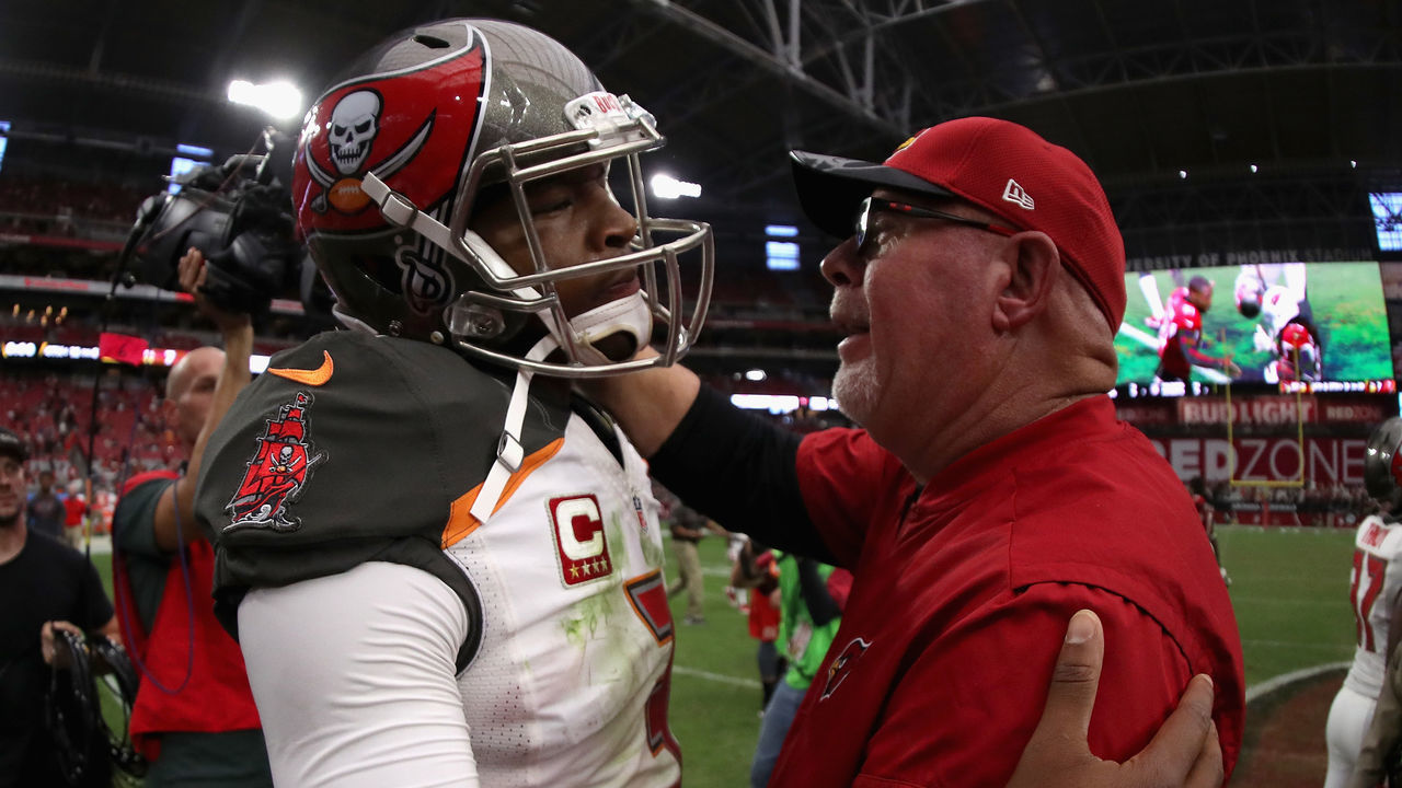 GLENDALE, AZ - SEPTEMBER 18: Quarterback Jameis Winston #3 of the Tampa Bay Buccaneers and head coach Bruce Arians of the Arizona Cardinals shake hands following the 40-7 NFL game at the University of Phoenix Stadium on September 18, 2016 in Glendale, Arizona.
