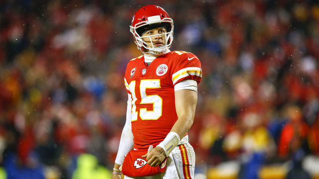 KANSAS CITY, MO - JANUARY 12: Quarterback Patrick Mahomes #15 of the Kansas City Chiefs looks at the video board in the AFC Divisional Playoff against the Indianapolis Colts at Arrowhead Stadium on January 12, 2019 in Kansas City, Missouri.