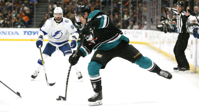 ANAHEIM, CALIFORNIA - DECEMBER 31: Jakob Silfverberg #33 of the Anaheim Ducks takes a shot on goal against the Tampa Bay Lightning at Honda Center on December 31, 2018 in Anaheim, California.