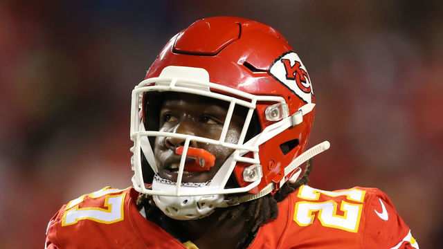 KANSAS CITY, MO - OCTOBER 21: Kansas City Chiefs running back Kareem Hunt (27) after scoring his third touchdown of the game in a week 7 NFL game between the Cincinnati Bengals and Kansas City Chiefs on October 21, 2018 at Arrowhead Stadium in Kansas City, MO. The Chiefs won 45-10.