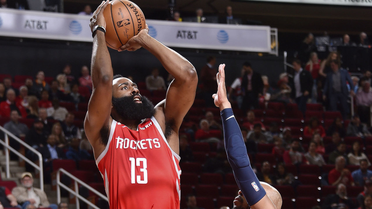 HOUSTON, TX - JANUARY 14 : James Harden #13 of the Houston Rockets shoots the ball during the game against Jevon Carter #3 of the Memphis Grizzlies on January 14, 2019 at the Toyota Center in Houston, Texas. Mandatory Copyright Notice: Copyright 2019 NBAE