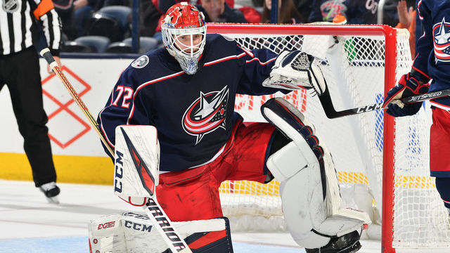 COLUMBUS, OH - JANUARY 13: Goaltender Sergei Bobrovsky #72 of the Columbus Blue Jackets defends the net against the New York Rangers on January 13, 2019 at Nationwide Arena in Columbus, Ohio.