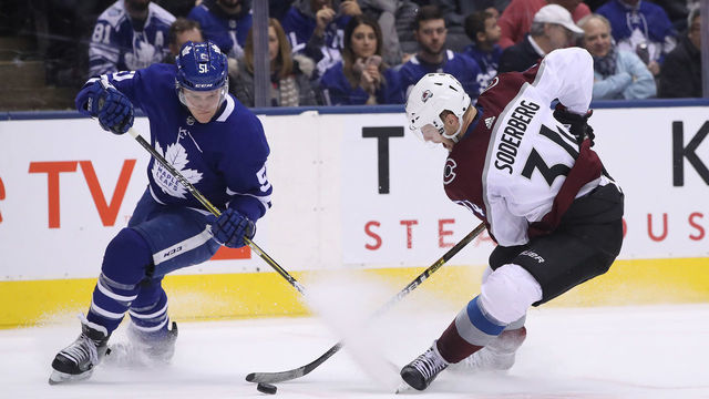 TORONTO, ON- JANUARY 14 - Toronto Maple Leafs defenseman Jake Gardiner (51) cannot stop Colorado Avalanche center Carl Soderberg (34) who would score shorthanded as the Toronto Maple Leafs play the Colorado Avalanche at Scotiabank Arena in Toronto. January 14, 2019. (Steve Russell/Toronto Star via Getty Images)