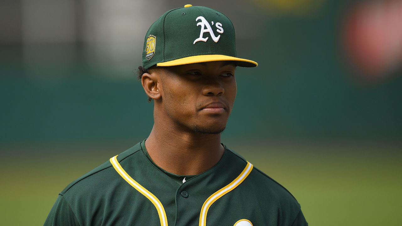 OAKLAND, CA - JUNE 15: The Oakland Athletics number one draft pick Kyler Murray #1 an outfielder out of the University of Oklahoma looks on during batting practice prior to the start of the game between the Los Angeles Angels of Anaheim and Oakland Athletics at the Oakland Alameda Coliseum on June 15, 2018 in Oakland, California.