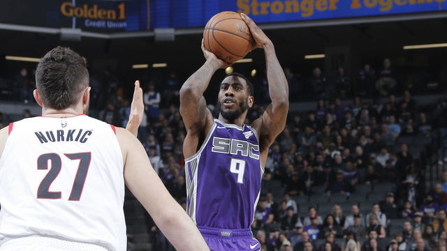 SACRAMENTO, CA - JANUARY 14: Iman Shumpert #9 of the Sacramento Kings shoots the ball against the Portland Trail Blazers on January 14, 2019 at Golden 1 Center in Sacramento, California. Mandatory Copyright Notice: Copyright 2019 NBAE