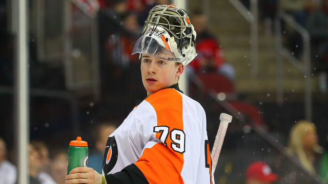 NEWARK, NJ - JANUARY 12: Philadelphia Flyers goaltender Carter Hart (79) during the second period of the National Hockey League game between the New Jersey Devils and the Philadelphia Flyers on January 12, 2019 at the Prudential Center in Newark, NJ.