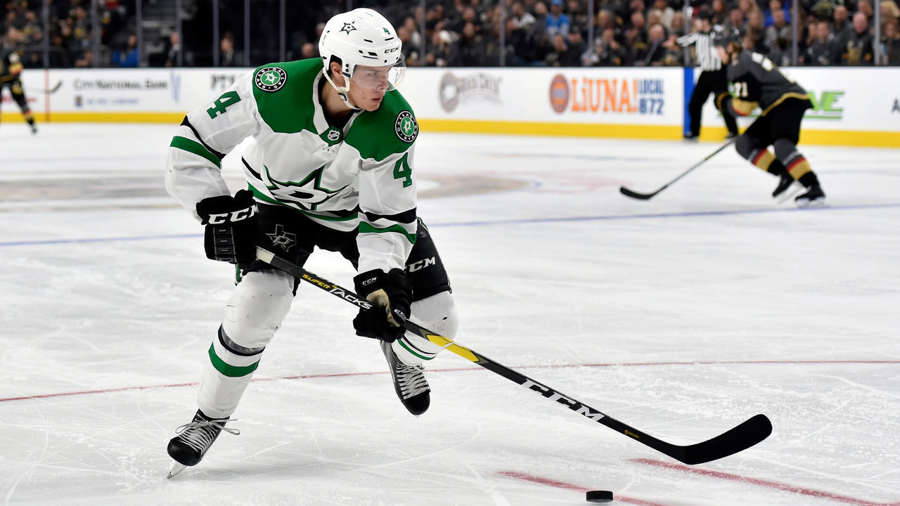 LAS VEGAS, NV - December 09: Miro Heiskanen #4 of the Dallas Stars pushes the puck up ice against the Vegas Golden Knights at T-Mobile Arena on December 9, 2018 in Las Vegas, Nevada.