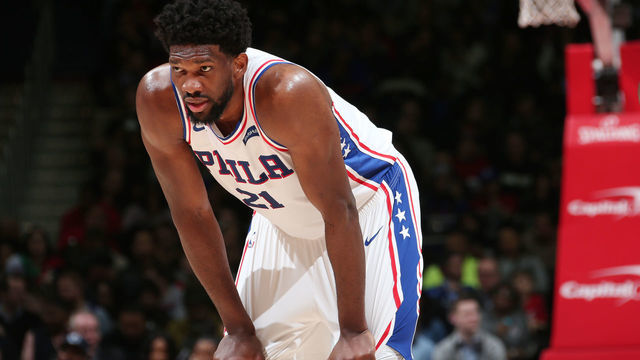 WASHINGTON, DC - JANUARY 9: Joel Embiid #21 of the Philadelphia 76ers looks on against the Washington Wizards on January 9, 2019 at Capital One Arena in Washington, DC. Mandatory Copyright Notice: Copyright 2019 NBAE
