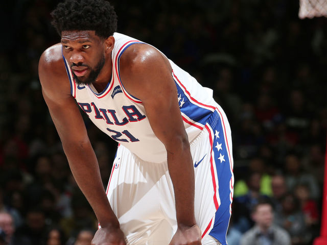 WASHINGTON, DC - JANUARY 9: Joel Embiid #21 of the Philadelphia 76ers looks on against the Washington Wizards on January 9, 2019 at Capital One Arena in Washington, DC. Mandatory Copyright Notice: Copyright 2019 NBAE