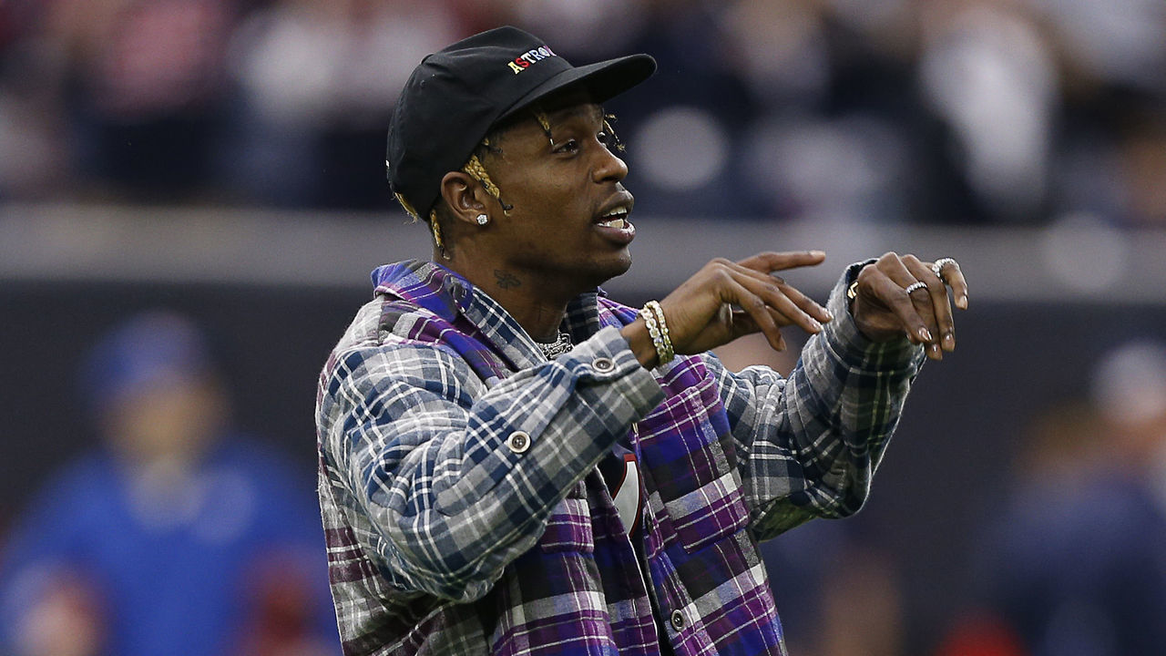 HOUSTON, TEXAS - JANUARY 05: Musician Travis Scott is introduced as the home-field advantage captain as the Indianapolis Colts play the Houston Texans during the Wild Card Round at NRG Stadium on January 05, 2019 in Houston, Texas.