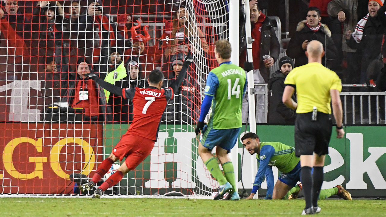 TORONTO ON, - DECEMBER 09: Toronto FC Midfielder Victor Vazquez (7) scores the second TFC goal during the MLS CUP Finals between the Seattle Sounders and Toronto FC on December 9, 2017 at BMO Field in Toronto, ON.
