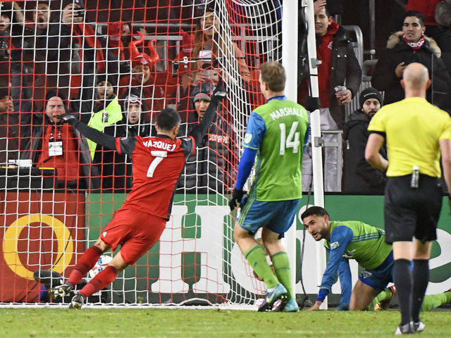 TORONTO ON, - DECEMBER 09: Toronto FC Midfielder Victor Vazquez (7) scores the second TFC goal during the MLS CUP Finals between the Seattle Sounders and Toronto FC on December 9, 2017 at BMO Field in Toronto, ON.