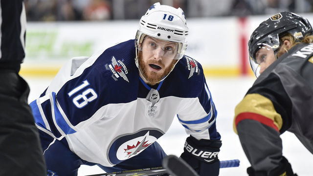 LAS VEGAS, NV - MAY 16: Bryan Little #18 of the Winnipeg Jets awaits a faceoff against the Vegas Golden Knights in Game Three of the Western Conference Final during the 2018 NHL Stanley Cup Playoffs at T-Mobile Arena on May 16, 2018 in Las Vegas, Nevada.