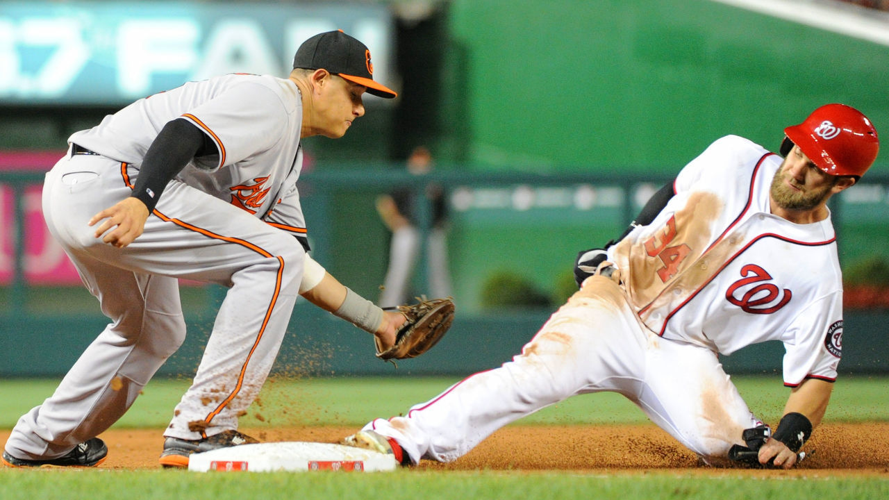 25 August 2016: Washington Nationals right fielder Bryce Harper (34) slides safely into third base as Baltimore Orioles third baseman Manny Machado (13) takes the throw at Nationals Park in Washington, D.C. where the Washington Nationals defeated the Baltimore Orioles, 4-0. (Photograph by Mark Goldman/Icon Sportswire via Getty Images)