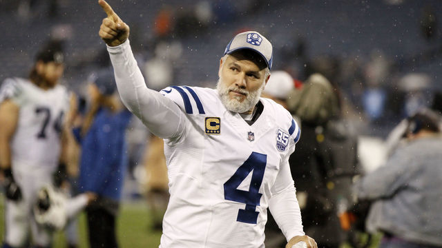 Nashville TN - December 30: Indianapolis Colts Place Kicker Adam Vinatieri (4) waves to the crowd as he runs off the field after the NFL game between the Tennessee Titans and Indianapolis Colts on December 30, 2018, at LP Field in Nashville TN.