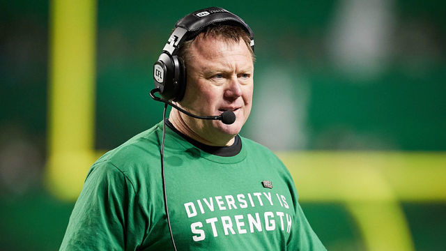 REGINA, SK - OCTOBER 27: Head coach Chris Jones of the Saskatchewan Roughriders on the sideline during the game between the BC Lions and Saskatchewan Roughriders at Mosaic Stadium on October 27, 2018 in Regina, Canada.