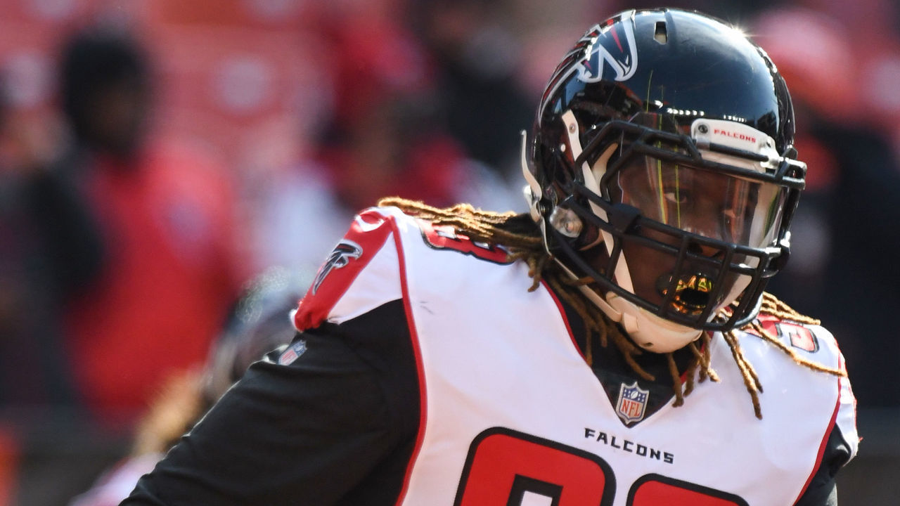 CLEVELAND, OH - NOVEMBER 11, 2018: Defensive end Takkarist McKinley #98 of the Atlanta Falcons on the field prior to a game against the Cleveland Browns on November 11, 2018 at FirstEnergy Stadium in Cleveland, Ohio. Cleveland won 28-16. (Photo by: 2018 Nick Cammett/Diamond Images/Getty Images)
