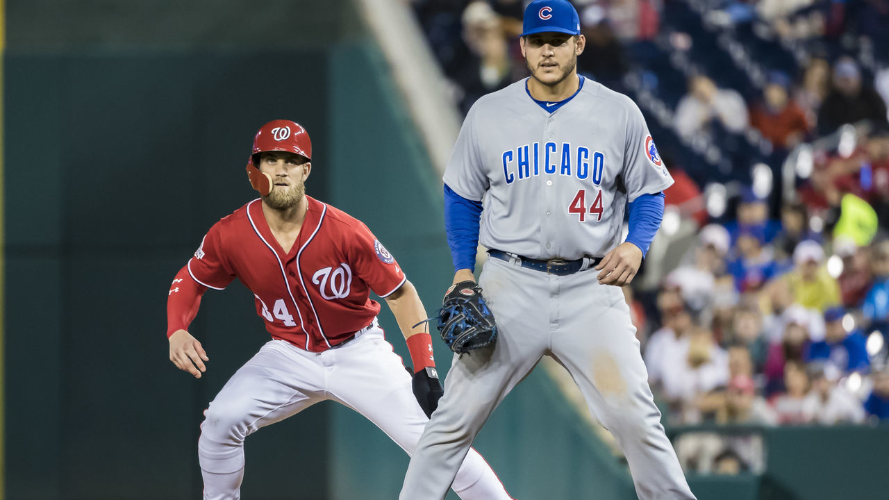 WASHINGTON, DC - SEPTEMBER 08: Bryce Harper #34 of the Washington Nationals leads off first behind Anthony Rizzo #44 of the Chicago Cubs during the fourth inning of game two of a doubleheader at Nationals Park on September 8, 2018 in Washington, DC.