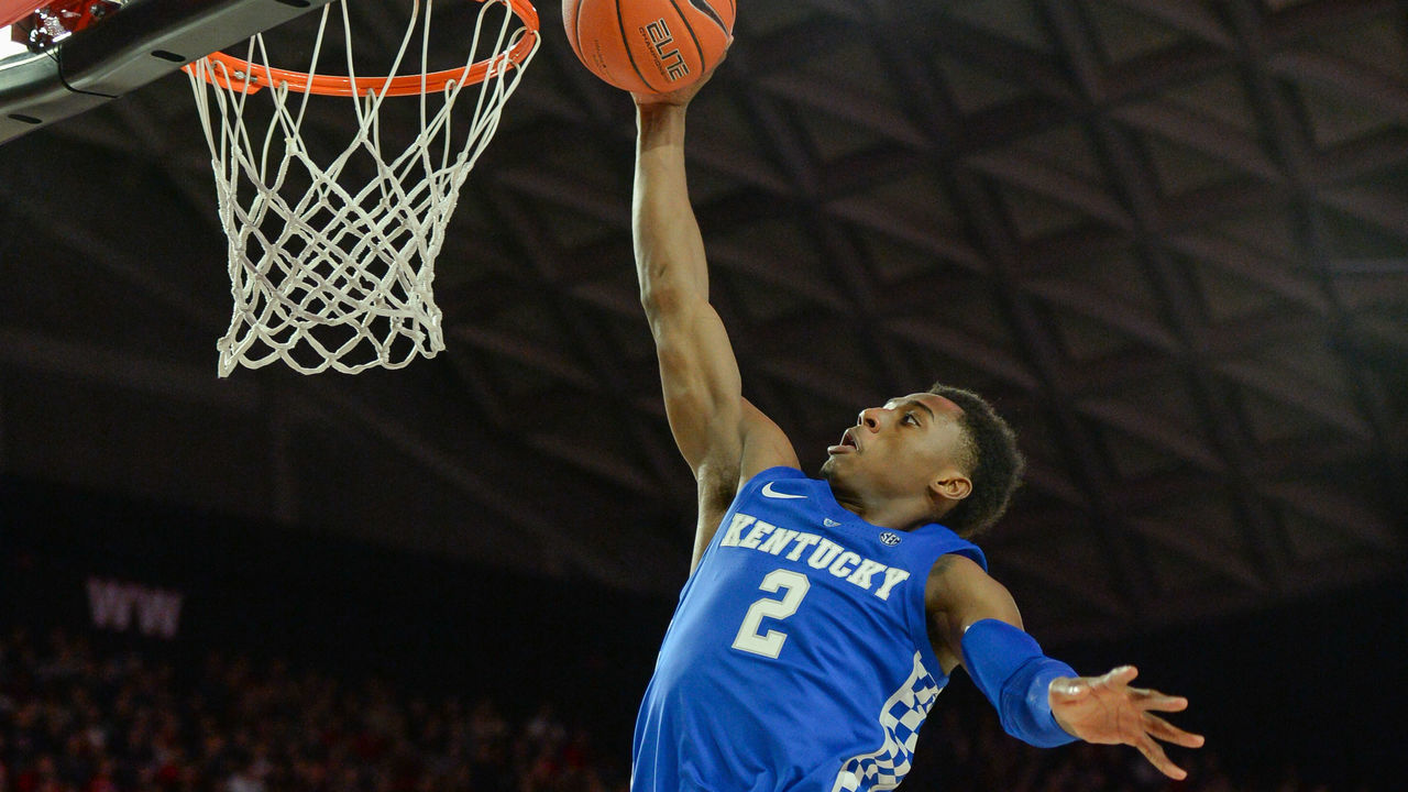ATLANTA, GA JANUARY 15: Kentuckys Ashton Hagans (2) drives for a dunk after a steal during the game between Kentucky and Georgia on January 15th, 2019 at Stegeman Coliseum in Athens, GA.