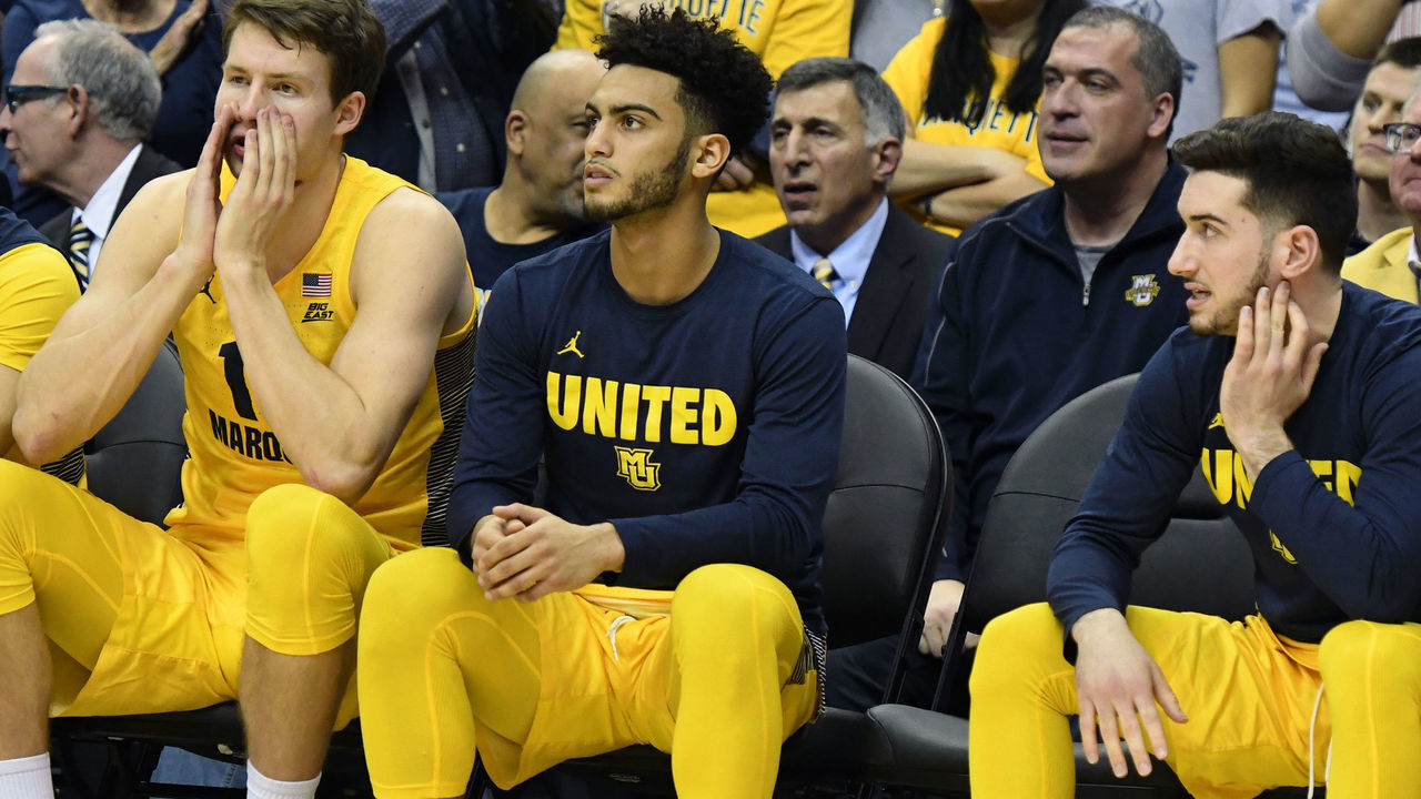 WASHINGTON, DC - JANUARY 15: Markus Howard #0 of the Marquette Golden Eagles on the bench during a college basketball game against the Georgetown Hoyas at Capital One Arena on January 15, 2019 in Washington, DC.