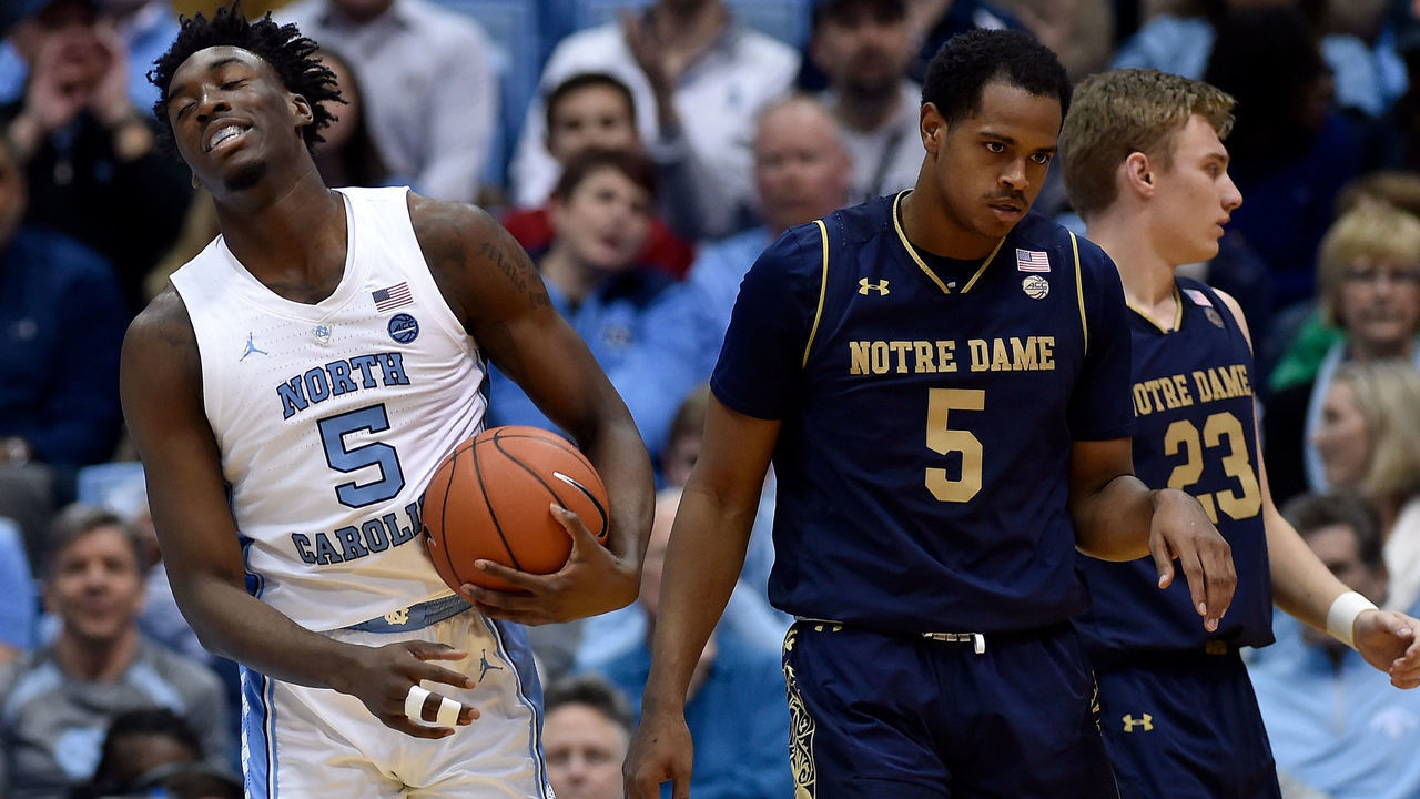 CHAPEL HILL, NORTH CAROLINA - JANUARY 15: Nassir Little #5 of the North Carolina Tar Heels reacts after fouling D.J. Harvey #5 of the Notre Dame Fighting Irish during the first half of a game at the Dean Smith Center on January 15, 2019 in Chapel Hill, North Carolina.