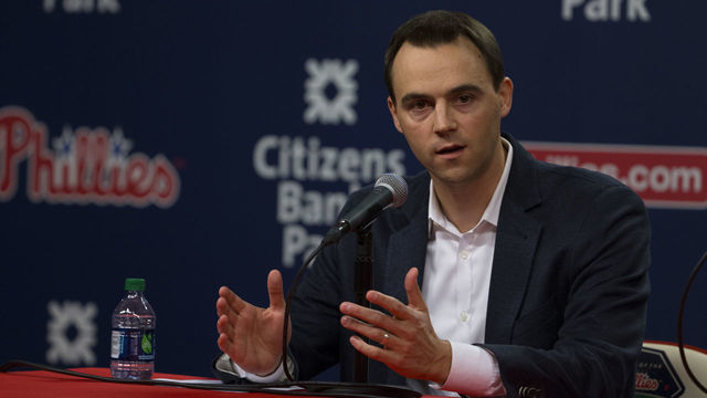 PHILADELPHIA, PA - SEPTEMBER 29: General manager Matt Klentak of the Philadelphia Phillies talks to the media prior to the game against the New York Mets at Citizens Bank Park on September 29, 2017 in Philadelphia, Pennsylvania.