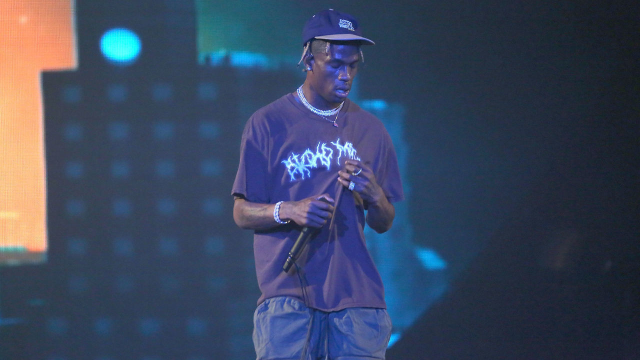 NEWARK, NJ - NOVEMBER 24: Travis Scott performs on stage during the ASTROWORLD: Wish You Were Here Tour at Prudential Center on November 24, 2018 in Newark, New Jersey.