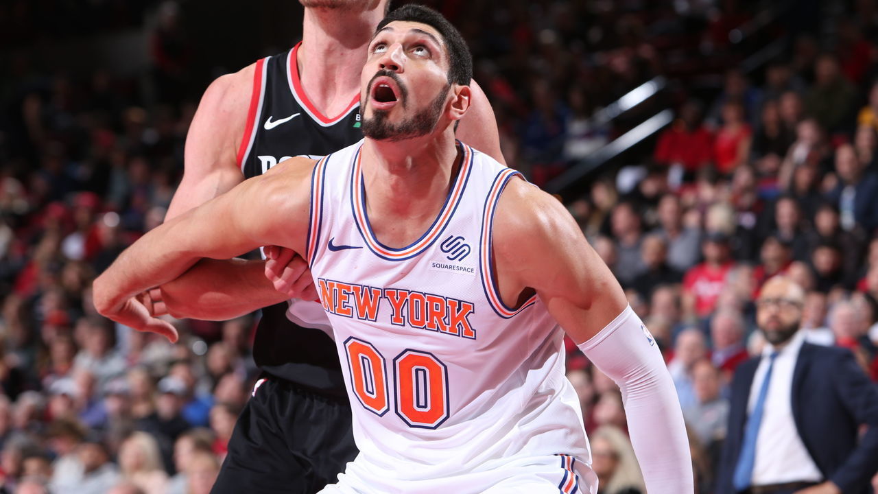 PORTLAND, OR - JANUARY 7: Enes Kanter #00 of the New York Knicks boxes out against Meyers Leonard #11 of the Portland Trail Blazers on January 7, 2019 at the Moda Center Arena in Portland, Oregon. Mandatory Copyright Notice: Copyright 2019 NBAE