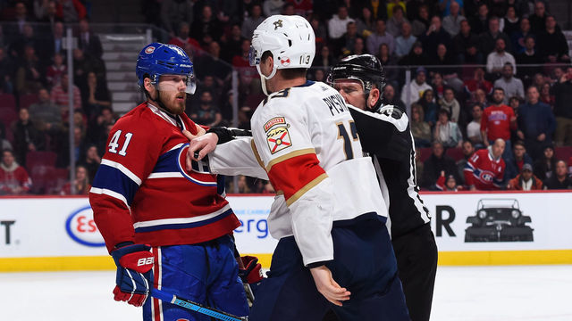 MONTREAL, QC - JANUARY 15: Florida Panthers defenceman Mark Pysyk (13) pushes Montreal Canadiens left wing Paul Byron (41) for a fight after a bad hit during the Florida Panthers versus the Montreal Canadiens game on January 15, 2019, at Bell Centre in Montreal, QC
