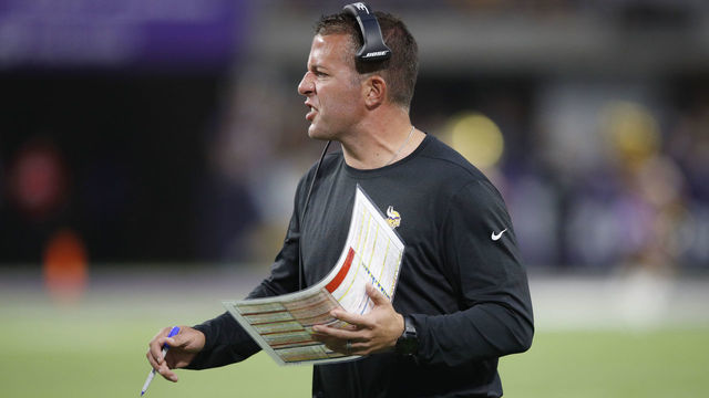 MINNEAPOLIS, MN - AUGUST 24: Offensive coordinator John DeFilippo of the Minnesota Vikings reacts during a preseason game against the Seattle Seahawks at U.S. Bank Stadium on August 24, 2018 in Minneapolis, Minnesota.