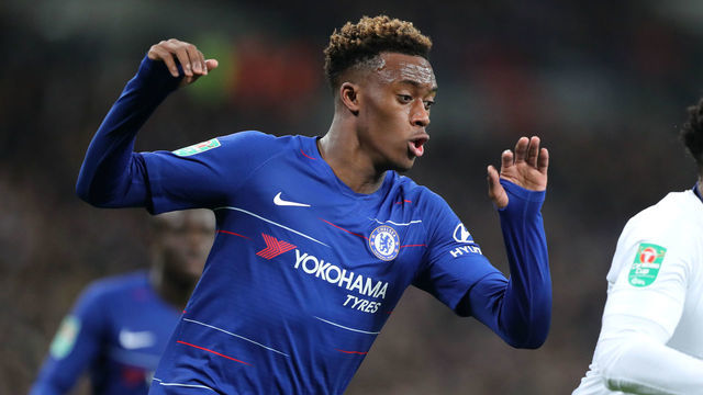 LONDON, ENGLAND - JANUARY 08: Callum Hudson-Odoi of Chelsea during the Carabao Cup Semi-Final First leg match between Tottenham Hotspur and Chelsea at Wembley Stadium on January 8, 2019 in London, England.