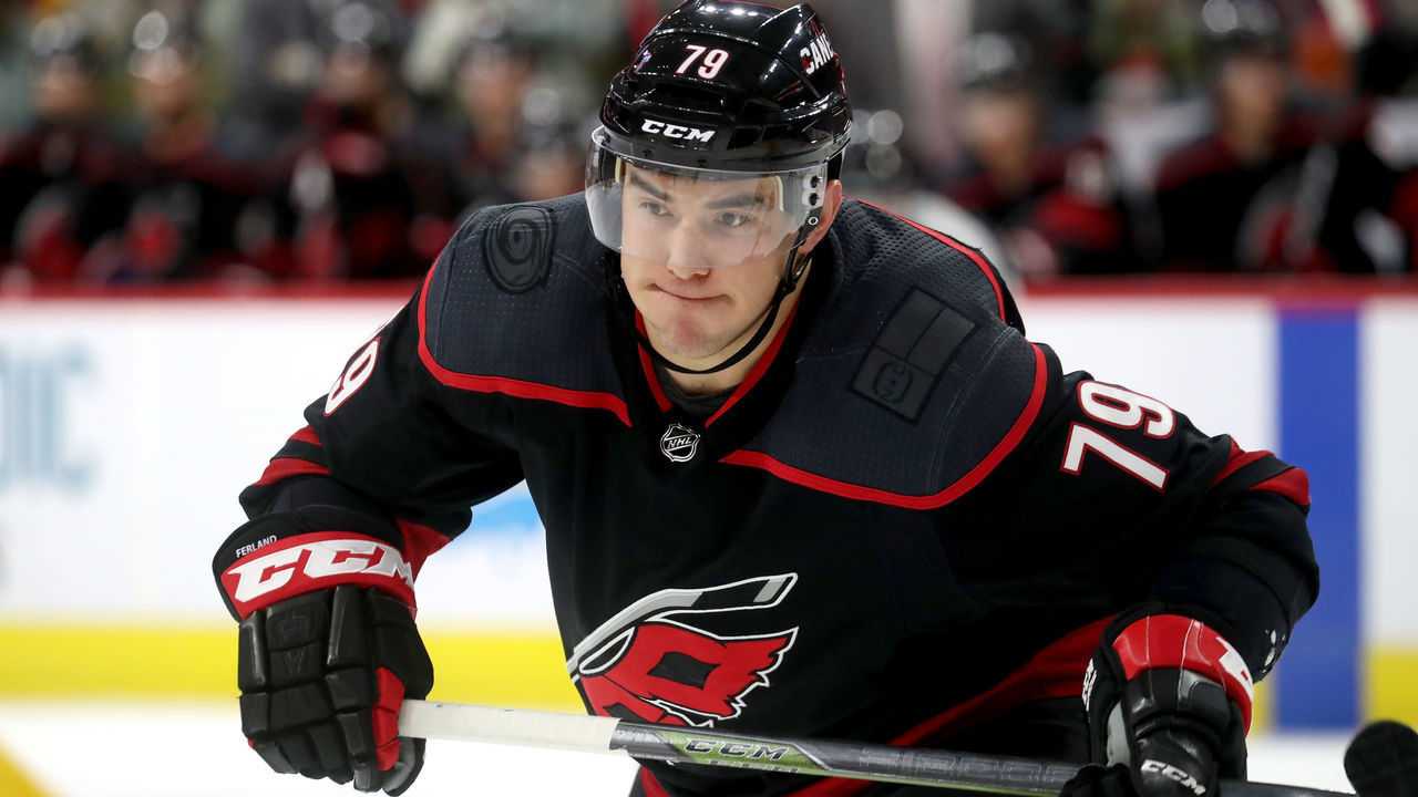 RALEIGH, NC - JANUARY 13: Micheal Ferland #79 of the Carolina Hurricanes skates for position during a faceoff against the Nashville Predators during an NHL game on January 13 ,2019 at PNC Arena in Raleigh, North Carolina.
