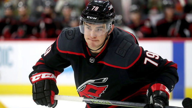 RALEIGH, NC - JANUARY 13: Micheal Ferland #79 of the Carolina Hurricanes skates for position during a faceoff against the Nashville Predators during an NHL game on January 13 ,2019 at PNC Arena in Raleigh, North Carolina.