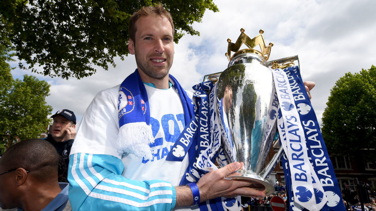 Chelsea goalkeeper Petr Cech with the Premier League Trophy during the victory parade.