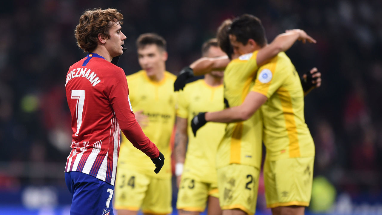 MADRID, SPAIN - JANUARY 16: Antoine Griezmann of Atletico Madrid looks dejected after the Copa del Rey Round of 16 match between Atletico Madrid and Girona at Wanda Metropolitano on January 16, 2019 in Madrid, Spain.