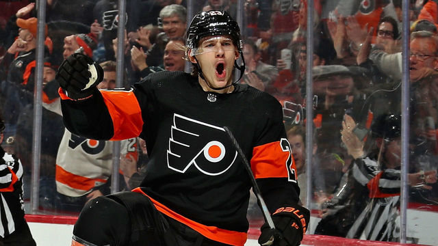 PHILADELPHIA, PA - JANUARY 16: Oskar Lindblom #23 of the Philadelphia Flyers reacts after scoring a first period goal against the Boston Bruins on January 16, 2019 at the Wells Fargo Center in Philadelphia, Pennsylvania.