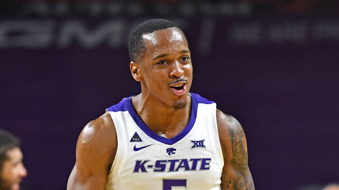 MANHATTAN, KS - DECEMBER 15: Barry Brown Jr. #5 of the Kansas State Wildcats reacts after a play against the Georgia State Panthers during the second half on December 15, 2018 at Bramlage Coliseum in Manhattan, Kansas.