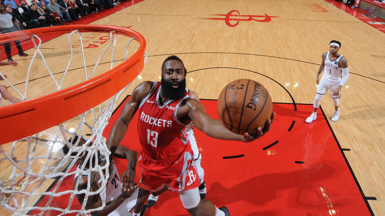 HOUSTON, TX - JANUARY 16 : James Harden #13 of the Houston Rockets shoots the ball against the Brooklyn Nets on January 16, 2019 at the Toyota Center in Houston, Texas. Mandatory Copyright Notice: Copyright 2019 NBAE