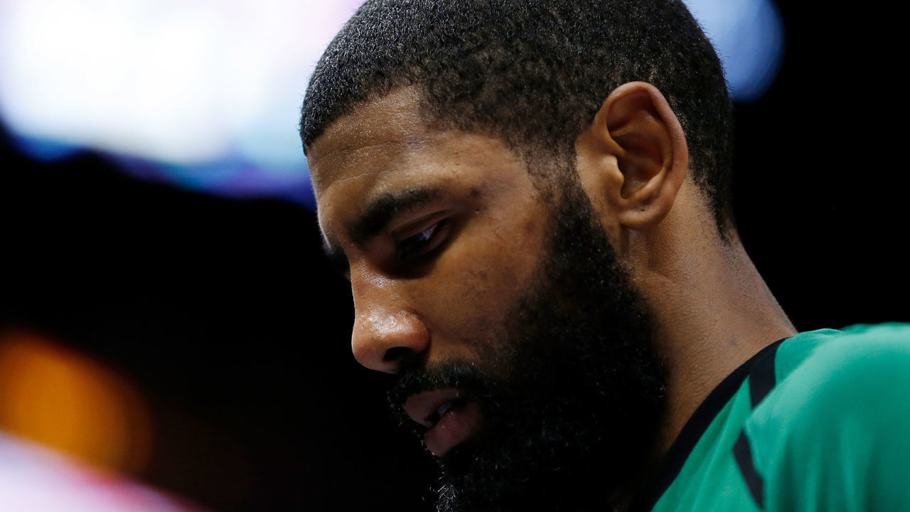 MIAMI, FL - JANUARY 10: Kyrie Irving #11 of the Boston Celtics reacts against the Miami Heat at American Airlines Arena on January 10, 2019 in Miami, Florida.