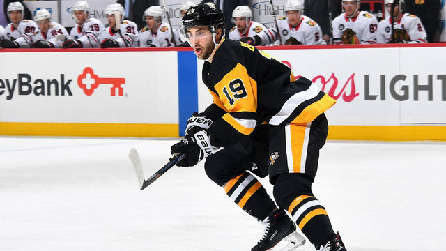 PITTSBURGH, PA - JANUARY 06: Derick Brassard #19 of the Pittsburgh Penguins skates against the Chicago Blackhawks at PPG Paints Arena on January 6, 2019 in Pittsburgh, Pennsylvania.
