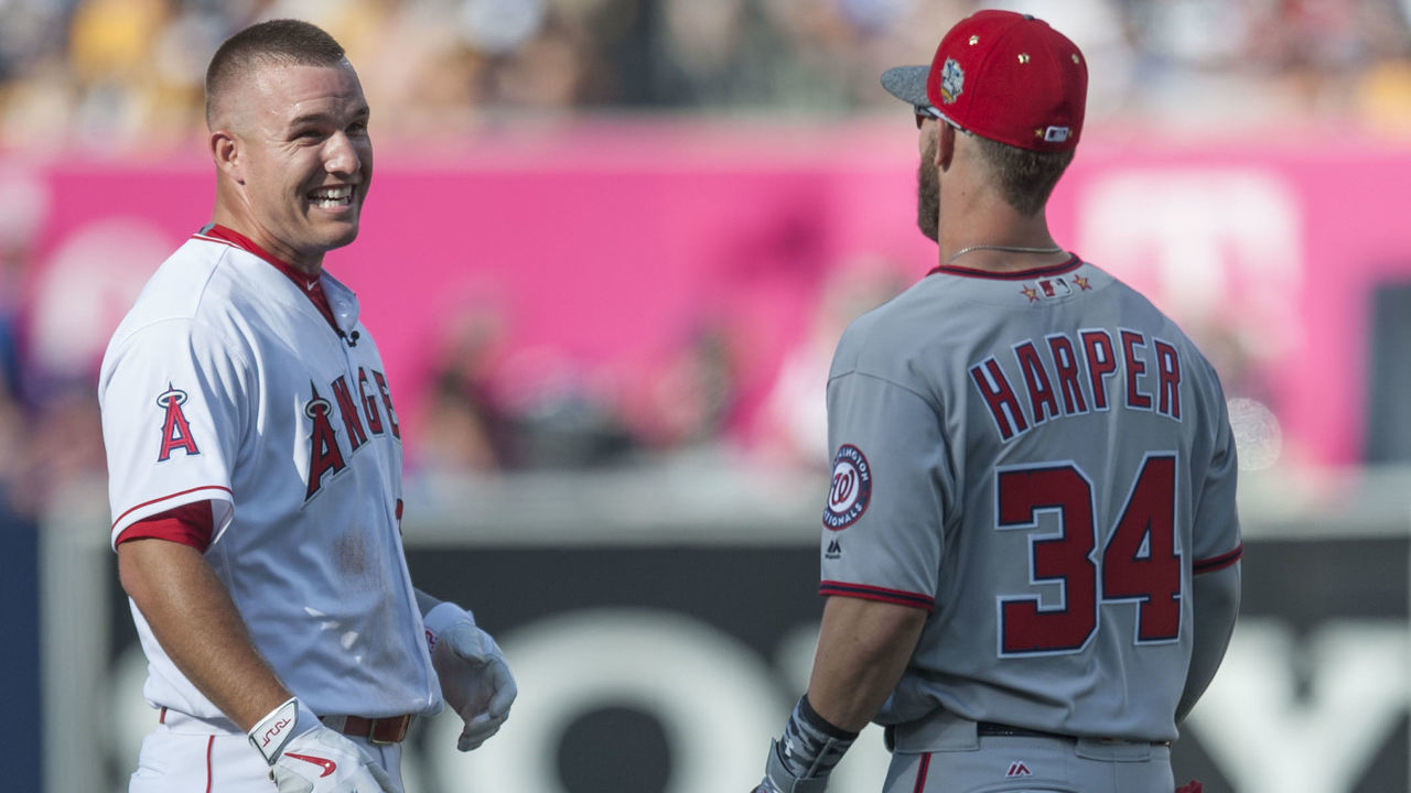 SAN DIEGO, CA - JULY 12: The Angels' Mike Trout jokes around with the Nationals' Bryce Harper during the 2016 MLB All-Star Game at Petco Park in San Diego on Tuesday. ///ADDITIONAL INFO: allstar.0713.kjs --- Photo by KEVIN SULLIVAN / Orange County Register -- 7/12/16 The 2016 MLB All-Star Game at Petco Park in San Diego.