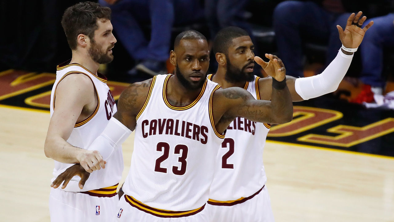 CLEVELAND, OH - JUNE 09: Kevin Love #0, LeBron James #23 and Kyrie Irving #2 of the Cleveland Cavaliers react after a play in the first quarter against the Golden State Warriors in Game 4 of the 2017 NBA Finals at Quicken Loans Arena on June 9, 2017 in Cleveland, Ohio.