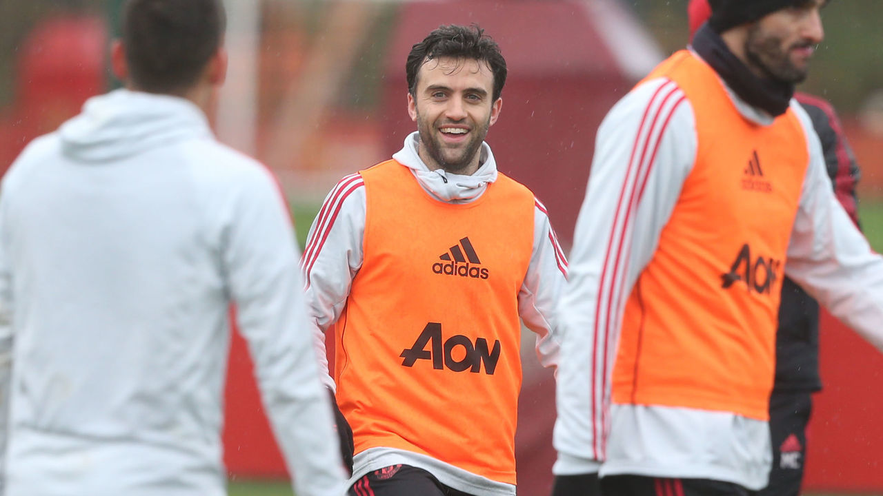 MANCHESTER, ENGLAND - JANUARY 16: (EXCLUSIVE COVERAGE) Former player Giuseppi Rossi of Manchester United in action during a first team training session at Aon Training Complex on January 16, 2019 in Manchester, England.
