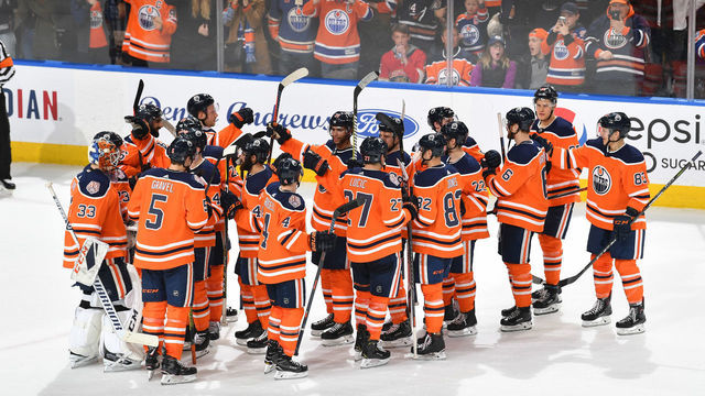 EDMONTON, AB - JANUARY 10: Players of the Edmonton Oilers celebrate after winning the game against the Florida Panthers on January 10, 2019 at Rogers Place in Edmonton, Alberta, Canada.