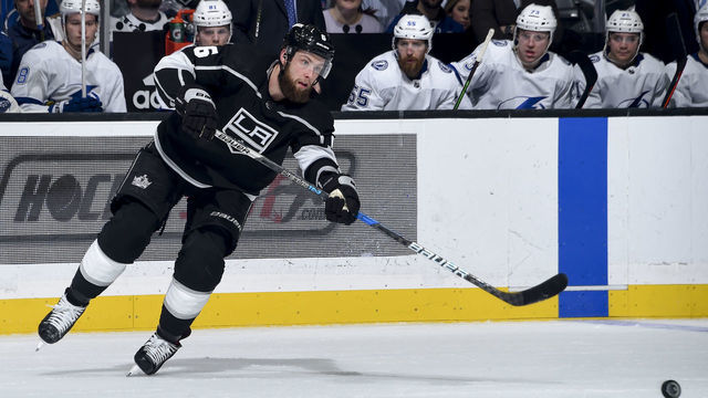 LOS ANGELES, CA - JANUARY 3: Jake Muzzin #6 of the Los Angeles Kings passes the puck during the third period of the game against the Tampa Bay Lightning at STAPLES Center on January 3, 2019 in Los Angeles, California.