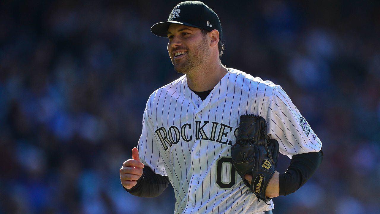 22 APRIL 2018: Colorado Rockies relief pitcher Adam Ottavino (0) smiles after pitching a scoreless half inning during a regular season Major League Baseball game between the Chicago Cubs and the Colorado Rockies at Coors Field in Denver, Colorado.
